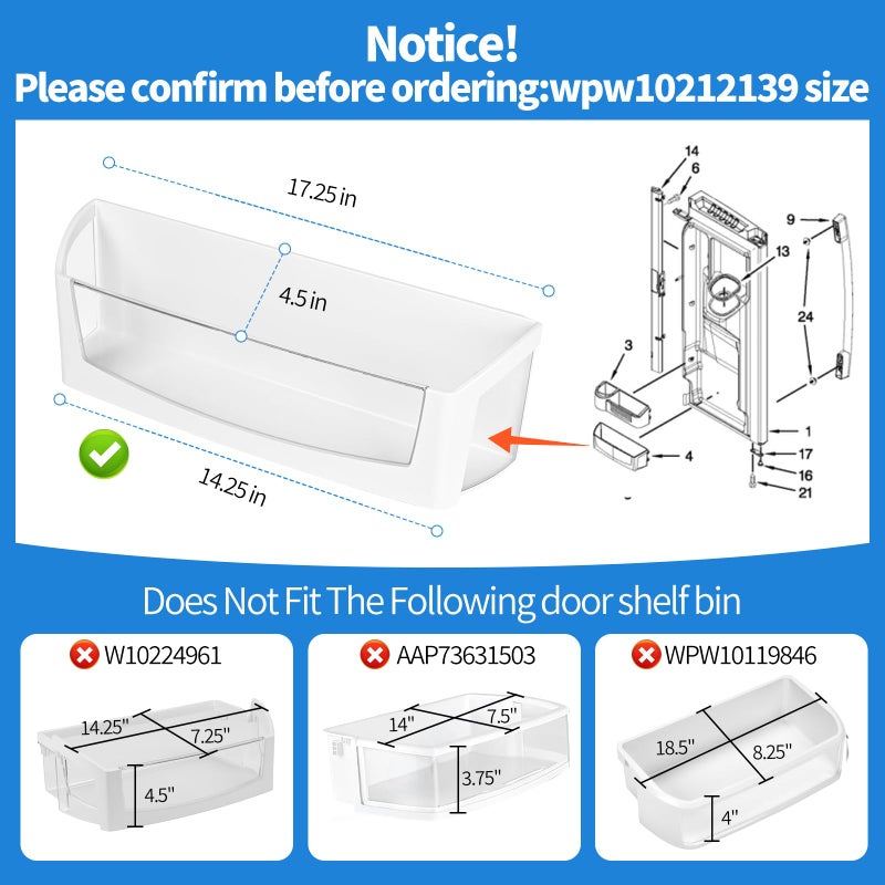 W10212139 WPW10212139 صندوق رف باب الثلاجة متوافق مع رف أجزاء ثلاجة Maytag Whirlpool WPW10212139 استبدال صندوق الكابولي 1547748 PS11750465 AP6017170 صندوق الباب الأيسر للثلاجة - Image 3